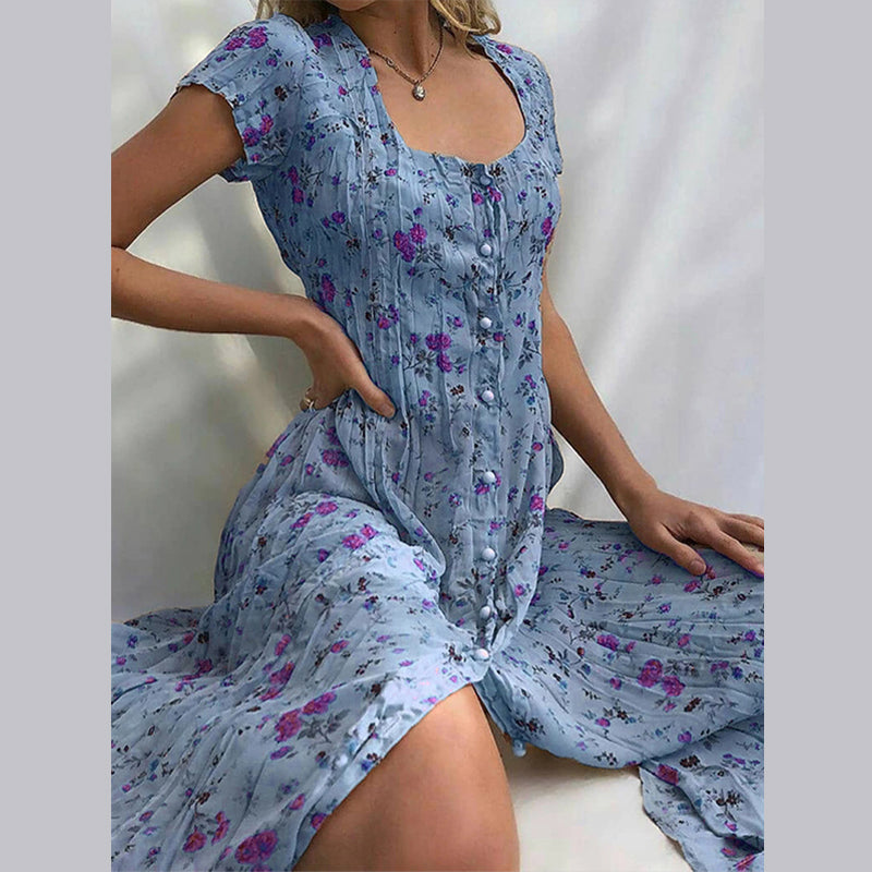Enkelknäppt blommig kortärmad klänning
