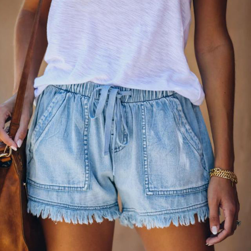 Denimshorts med elastisk hög midja