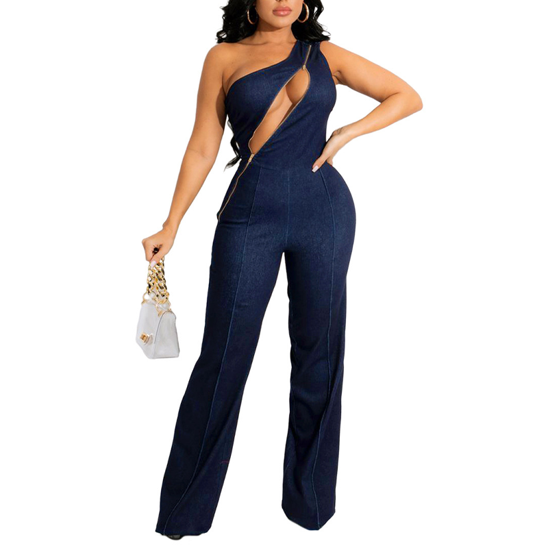 Denim jumpsuit med crossbody dragkedja